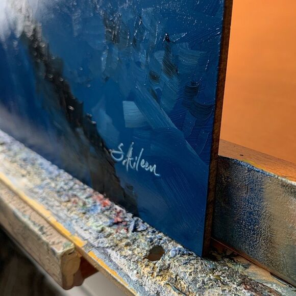 Original Oil Painting Landscape Winter Nocturne Blue Night Lights 8x10 Signed - Picture 3 of 7